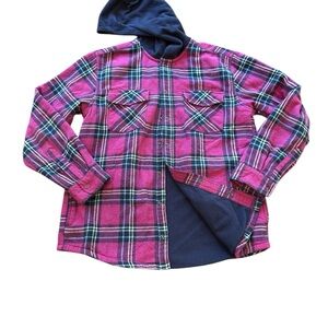 L.L. Bean L(14-16) Pink and Blue Plaid fleece lined flannel hoodie